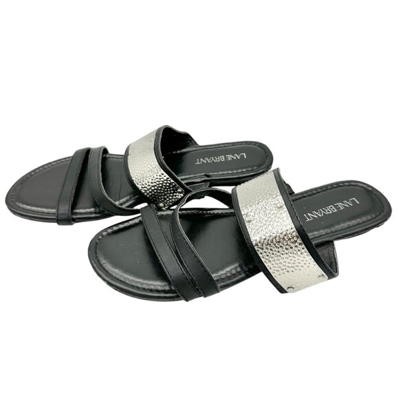 Lane Bryant Womens Black Size 9W Sandals With Metallic Silver Straps Casual Chic - Picture 3 of 7